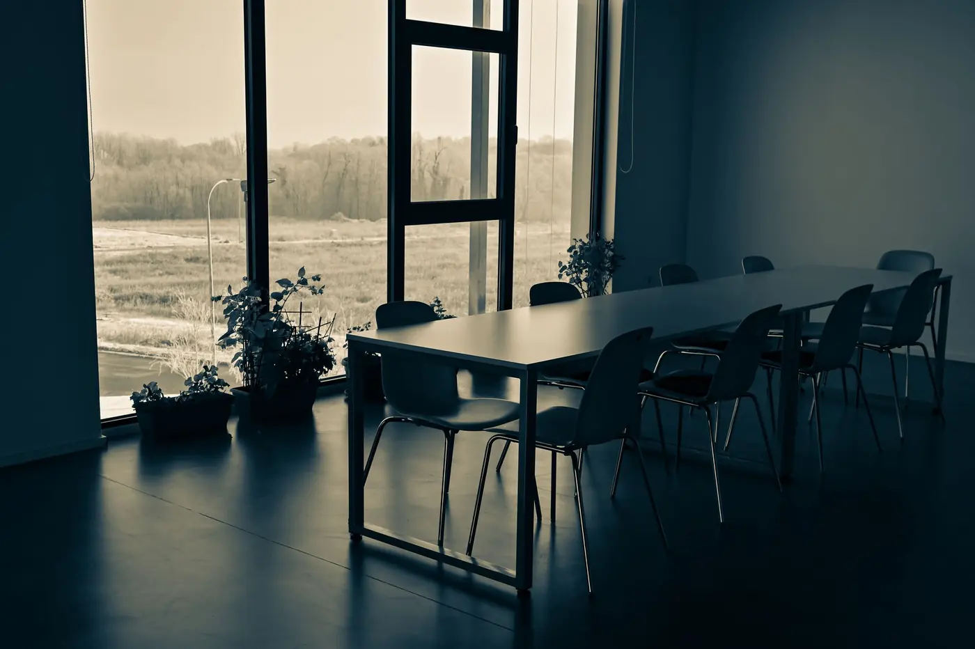 Pusta sala spotkań z dużym oknem w chłodnym porannym świetle
